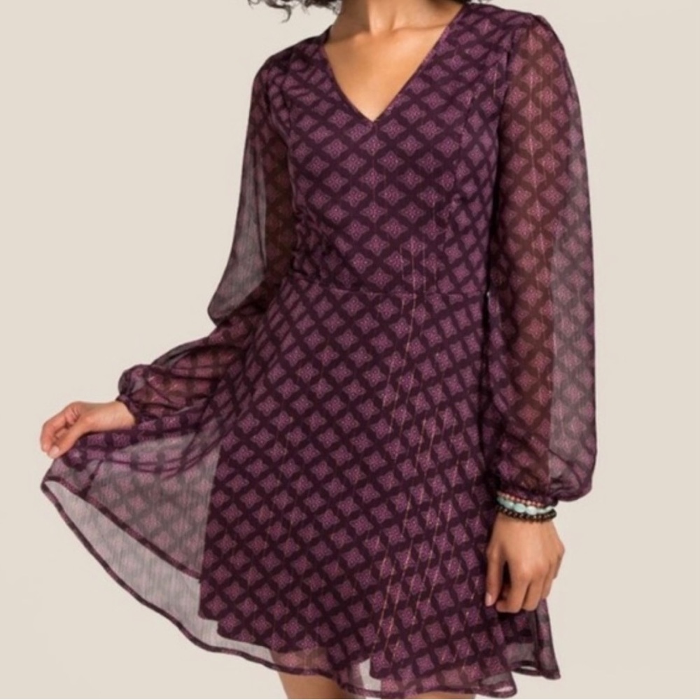Francesca’s Alya Lined Purple chiffon dress with metallic threads large EUC